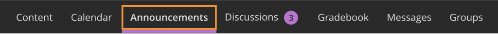 The top menu bar in Blackboard, with a red square highlighting the 'Announcements' tab.